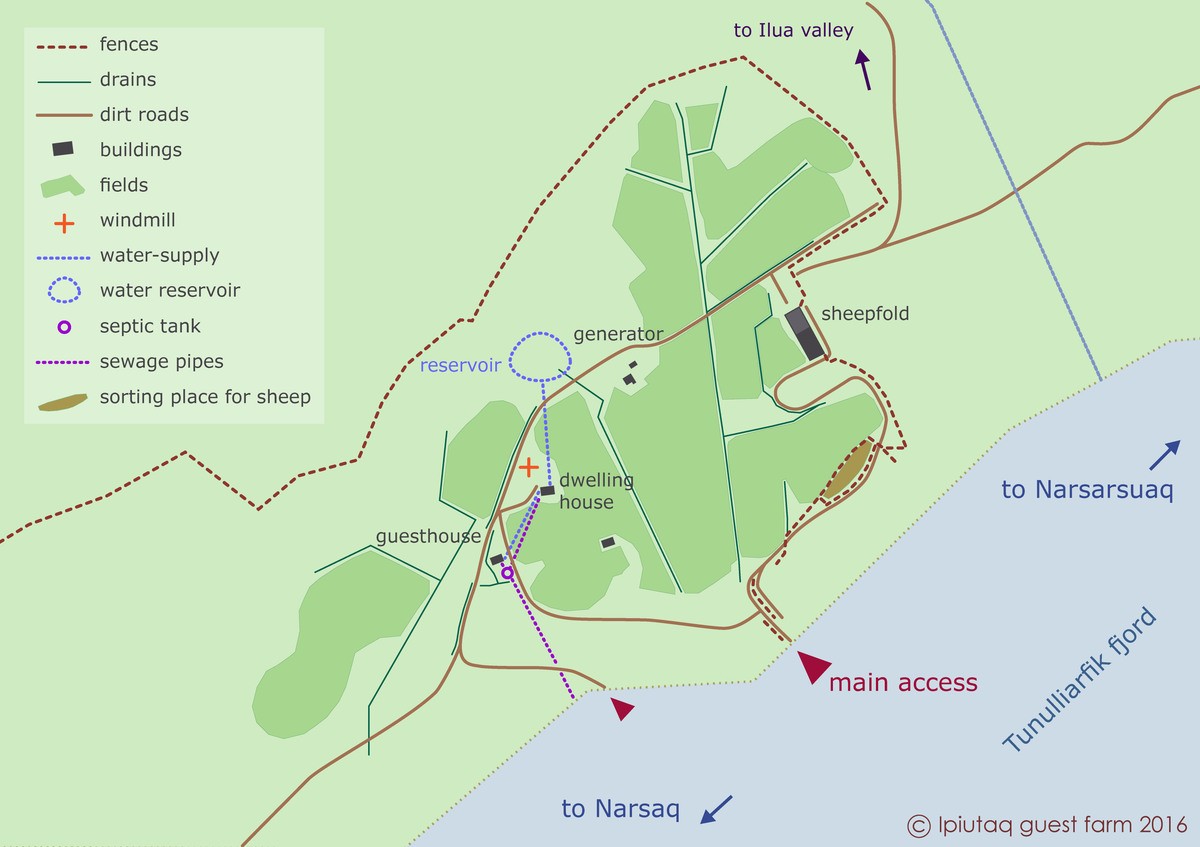 Ipiutaq guest farm, general overview of the farm and equipment on the fjord side